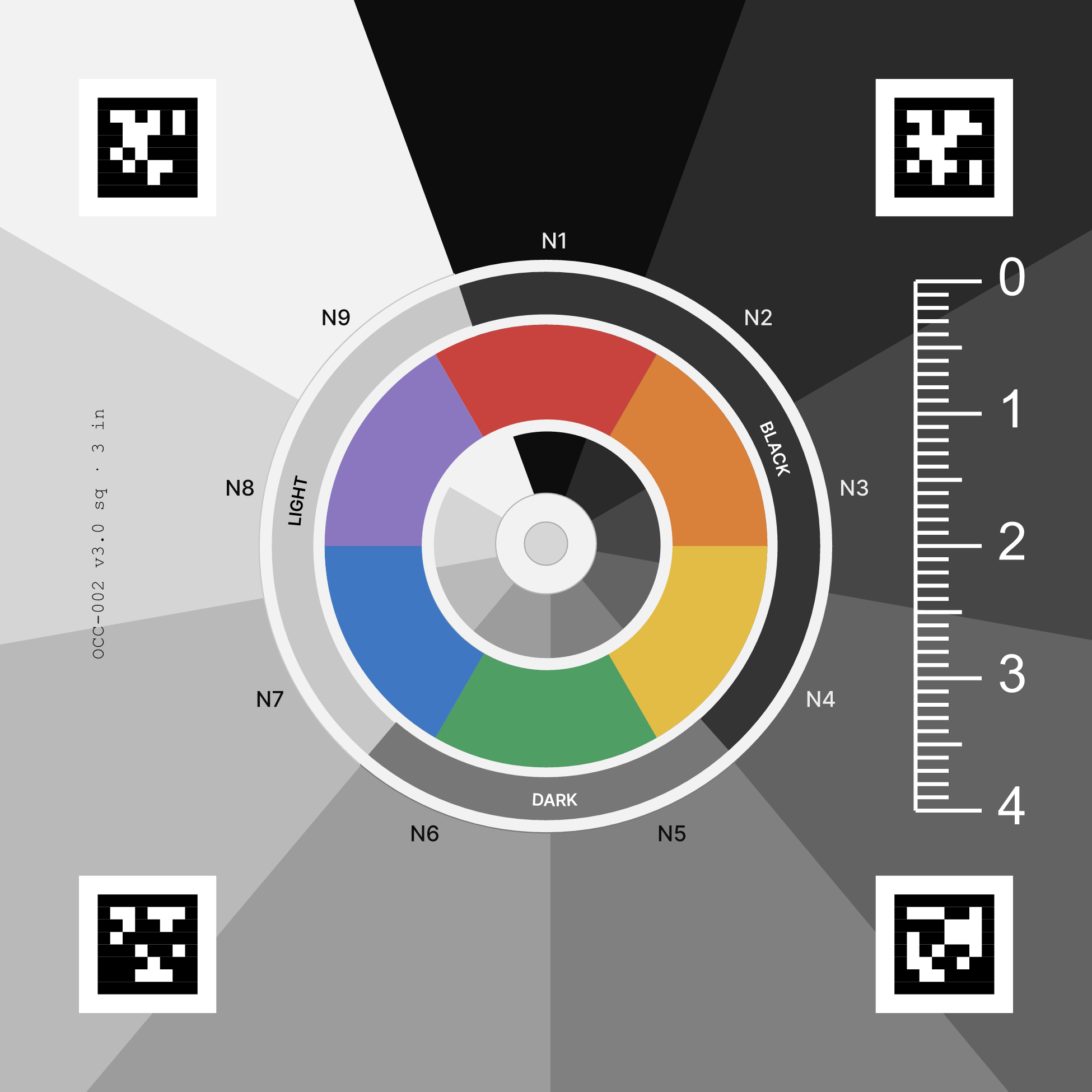 The 3-inch calibration card: nine grey wedges labelled N1 to N9 around a white centre dot where the opal sits, a ring of six colours inside them, a centimetre ruler marked 0 to 4 down the right edge, and a square black-and-white marker in each corner.